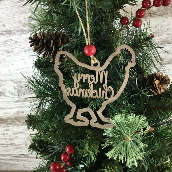 Merry Chickmas Wood Chicken Christmas Ornament - Picture 3 of 5